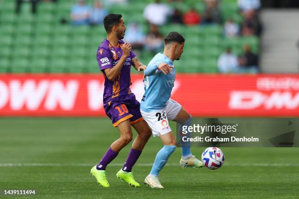 Marco Tilio of Melbourne City controls the ball during the round five A-League Men's match between Melbourne City and Perth Glory at AAMI Park on...
