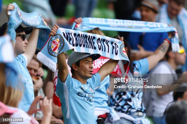 City fans show their support during the round five A-League Men's match between Melbourne City and Perth Glory at AAMI Park on November 05 in...