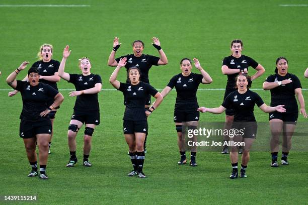 New Zealand perform a haka during Rugby World Cup 2021 Semifinal match between New Zealand and France at Eden Park on November 05 in Auckland, New...