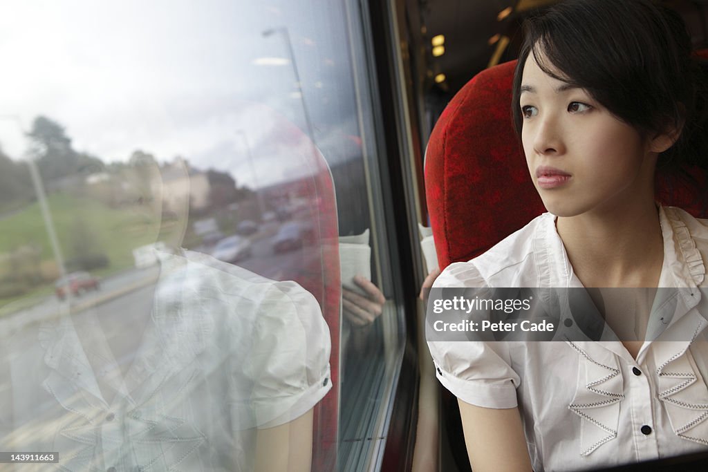 Girl on train looking out of window