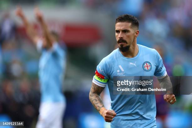 Jamie Maclaren of Melbourne City celebrates his goal during the round five A-League Men's match between Melbourne City and Perth Glory at AAMI Park...