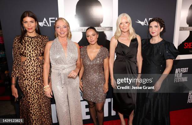 Dawn Dunning, guest, Larissa Gomes, Caitlin Dulany and Sarah Ann Masse attend the AFI Fest 2022: Red Carpet Premiere of “She Said” at TCL Chinese...