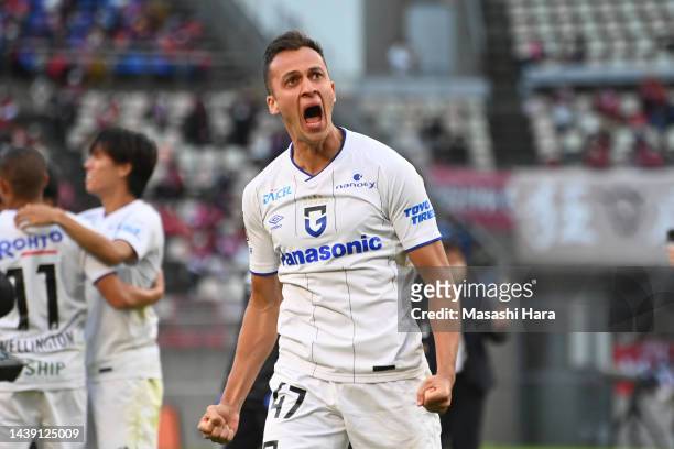 Juan Alano of Gamba Osaka celebrates after the J.LEAGUE Meiji Yasuda J1 34th Sec. Match between Kashima Antlers and Gamba Osaka at Kashima Soccer...