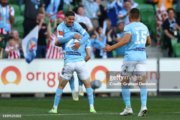 Marco Tilio of Melbourne City celebrates his goal during the round five A-League Men's match between Melbourne City and Perth Glory at AAMI Park on...