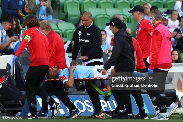 Nuno Reis of Melbourne City is stretchered off during the round five A-League Men's match between Melbourne City and Perth Glory at AAMI Park on...