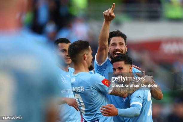 Matthew Leckie of Melbourne City celebrates his goal during the round five A-League Men's match between Melbourne City and Perth Glory at AAMI Park...