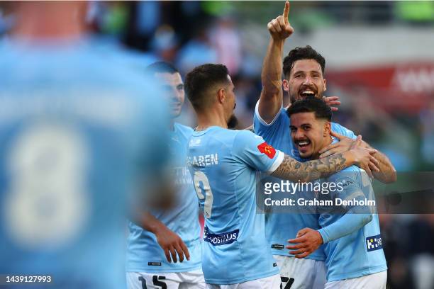 Matthew Leckie of Melbourne City celebrates his goal during the round five A-League Men's match between Melbourne City and Perth Glory at AAMI Park...