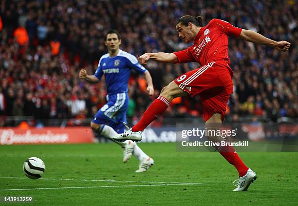 Andy Carroll of Liverpool shoots at goal during the FA Cup with Budweiser Final match between Liverpool and Chelsea at Wembley Stadium on May 5, 2012...