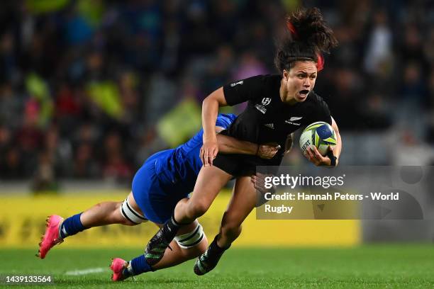 Ruby Tui of New Zealand is tackled during Rugby World Cup 2021 Semifinal match between New Zealand and France at Eden Park on November 05 in...