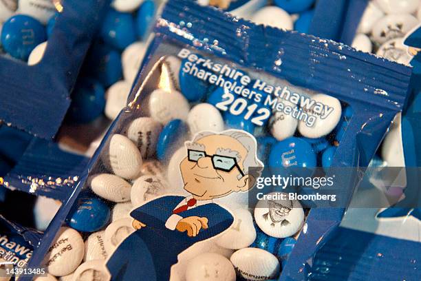 Candy bearing an image of Warren Buffett, chairman of Berkshire Hathaway Inc., sits on display during the Berkshire Hathaway annual shareholders...