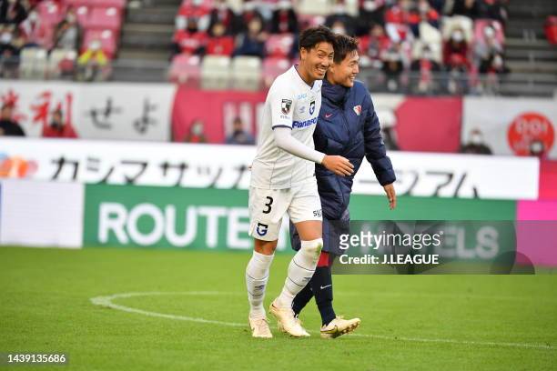 Gen SHOJI of Gamba Osaka and Kento MISAO of Kashima Antlers are seen after the J.LEAGUE Meiji Yasuda J1 34th Sec. Match between Kashima Antlers and...