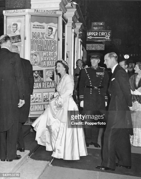 Queen Elizabeth II and Prince Philip arriving at the London Palladium for the Royal Variety Performance, 18th November 1957.