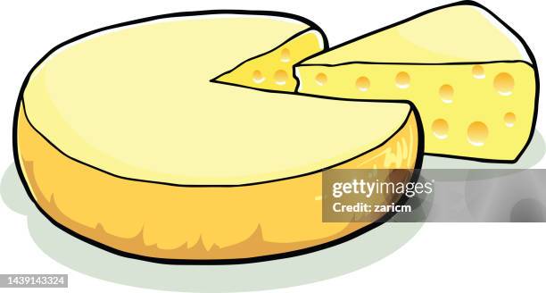 illustrazioni stock, clip art, cartoni animati e icone di tendenza di un'intera testa di formaggio giallo con un pezzo tagliato. parmigiano. latticino. - swiss cheese