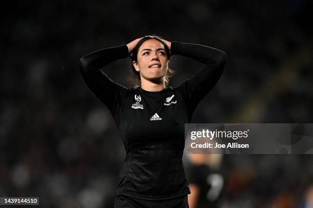 Stacey Fluhler of New Zealand looks on during Rugby World Cup 2021 Semifinal match between New Zealand and France at Eden Park on November 05 in...