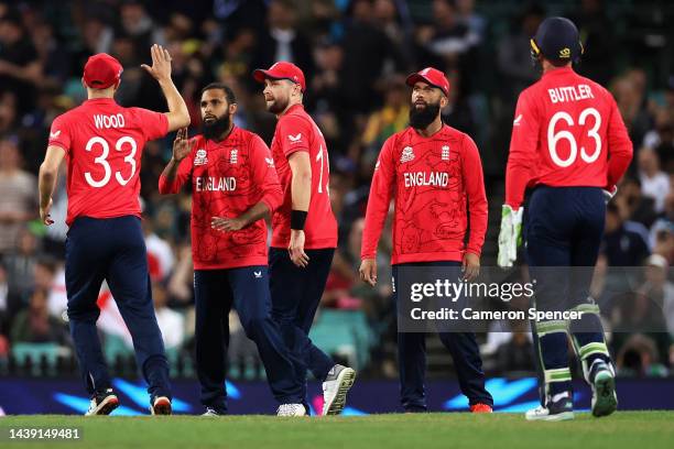 Adil Rashid of England celebrates dismissing Pathum Nissanka of Sri Lanka during the ICC Men's T20 World Cup match between England and Sri Lanka at...