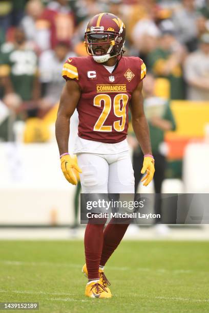 Kendall Fuller of the Washington Commanders looks on during a NFL football game against the Green Bay Packers at FedEx Field on October 23, 2022 in...