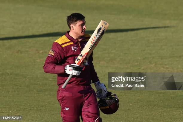 Matthew Renshaw of Queensland celebrates his century during the Marsh One Day Cup match between Western Australia and Queensland at the WACA, on...