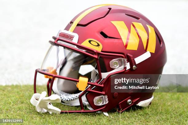 The Washington Commanders helmet on the field during a NFL football game against the Green Bay Packers at FedEx Field on October 23, 2022 in...