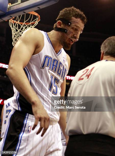 Forward Hedo Turkoglu of the Orlando Magic argues with the referee against the Indiana Pacers in Game four of the Eastern Conference Quarterfinals in...