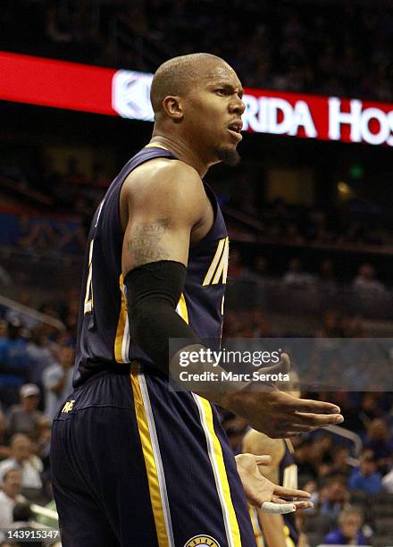 Forward Davis West of the Indiana Pacers reacts against the Orlando Magic in Game four of the Eastern Conference Quarterfinals in the 2012 NBA...