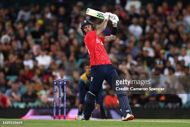 Alex Hales of England bats during the ICC Men's T20 World Cup match between England and Sri Lanka at Sydney Cricket Ground on November 05, 2022 in...