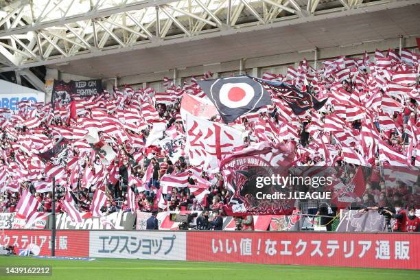 Vissel Kobe supporters cheer in the stand during the J.LEAGUE Meiji Yasuda J1 34th Sec. Match between Vissel Kobe and Yokohama F･Marinos at NOEVIR...