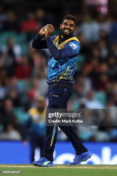 Wanindu Hasaranga of Sri Lanka celebrates taking the wicket of Alex Hales of England during the ICC Men's T20 World Cup match between England and Sri...