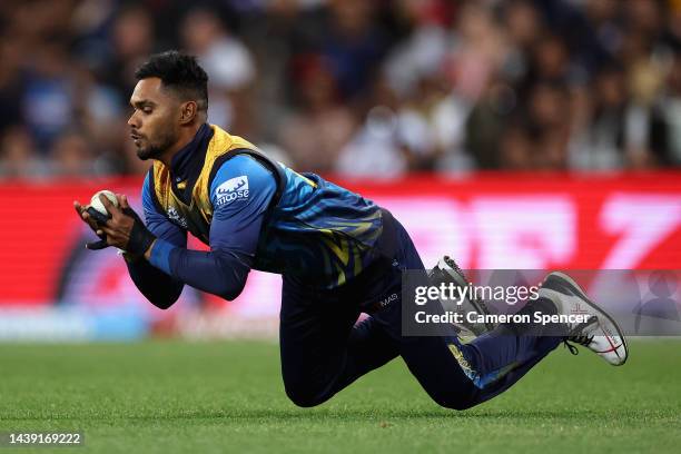 Dhananjaya de Silva of Sri Lanka catches Liam Livingstone of England off a delivery by Lahiru Kumara of Sri Lanka during the ICC Men's T20 World Cup...