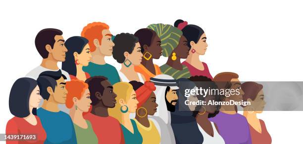 ilustraciones, imágenes clip art, dibujos animados e iconos de stock de gente. grupo multirracial y multicultural de hombres y mujeres. retratos de vista lateral. grupo multiétnico. concepto de igualdad y unión. basta de racismo. - cara chico joven guapo