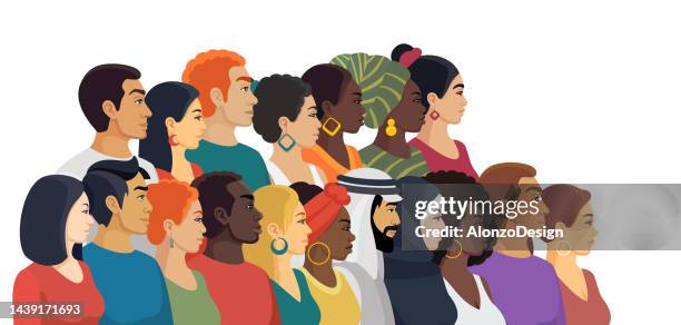 illustrations, cliparts, dessins animés et icônes de gens. groupe multiracial et multiculturel d’hommes et de femmes. portraits en vue latérale. groupe multiethnique. concept d’égalité et d’unité. halte au racisme. - femme dans un groupe dhommes