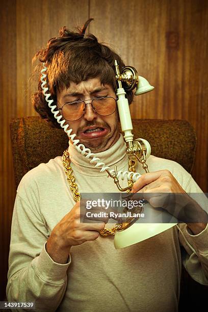 retro bling mustache man with phone trouble - tangled hair stock pictures, royalty-free photos & images