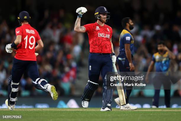 Ben Stokes of England celebrates victory during the ICC Men's T20 World Cup match between England and Sri Lanka at Sydney Cricket Ground on November...