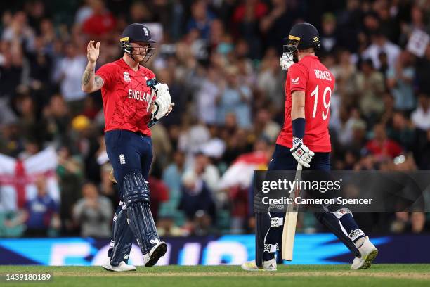 Ben Stokes of England and Chris Woakes of England celebrates winning the ICC Men's T20 World Cup match between England and Sri Lanka at Sydney...