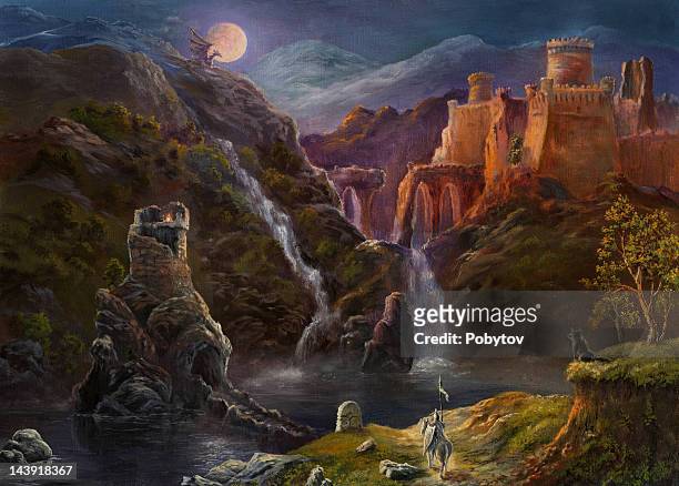 night in fairy kingdom - ancient man stock illustrations