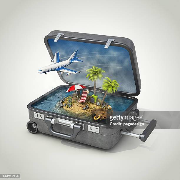 vacation island in suitcase - airplane open door stockfoto's en -beelden