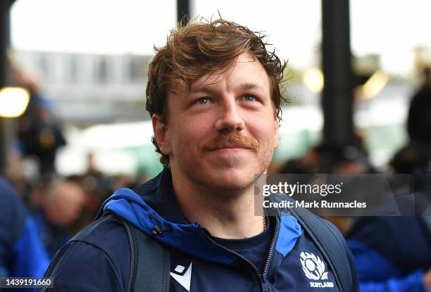 Hamish Watson of Scotland arrives at the stadium during during the Autumn International match between Scotland and Fiji at Murrayfield Stadium on...