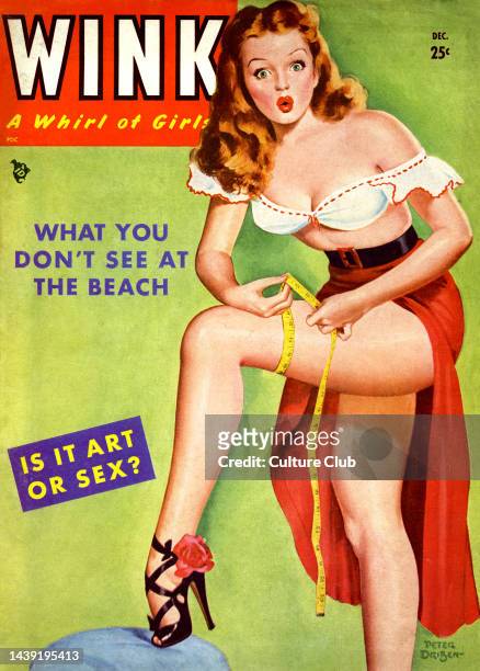 Wink Magazine cover December 1949. Sub-heading Wink, whirl of girls. Cover page with pin-up and tape measure with look of astonishment and very high...