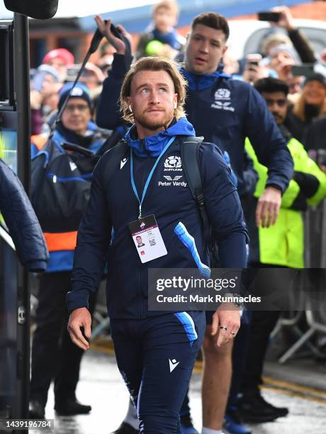 Stuart Hogg of Scotland arrives at the stadium during the Autumn International match between Scotland and Fiji at Murrayfield Stadium on November 05,...