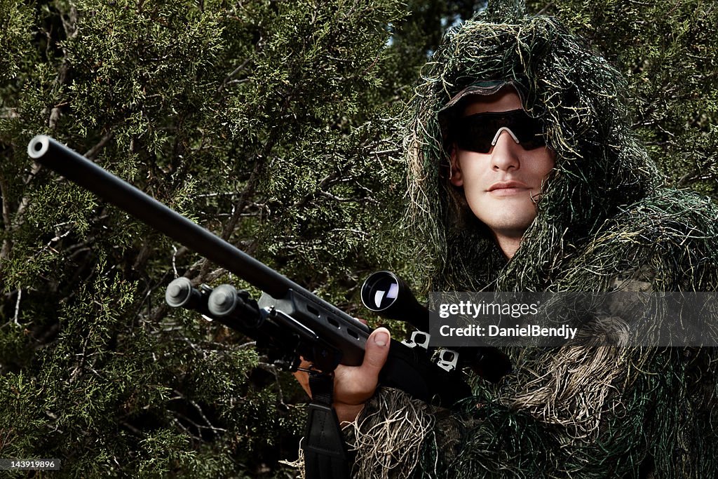 US Army Special Ops Military Soldier in Camouflage Ghillie Suit