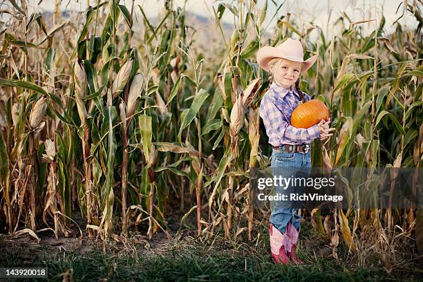 cowgirl with pumpkin - corn maze stock pictures, royalty-free photos & images