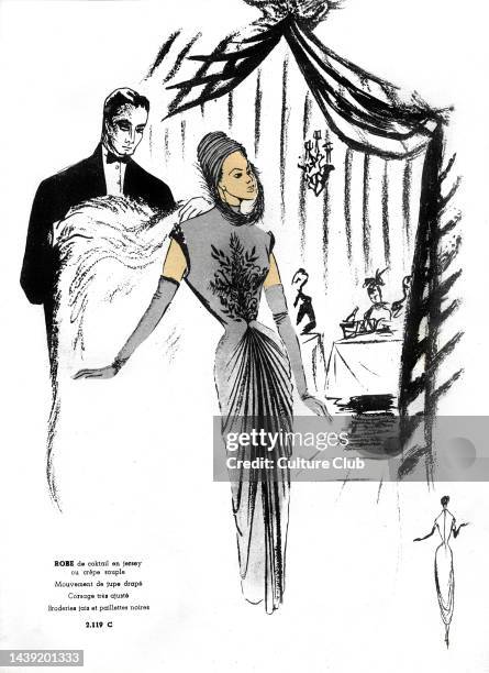 French fashion, cocktail dress design in jersey or soft crepe/ Robe de coktail. For the late 1940s. Restaurant scene, waiter removes fur wrap from...