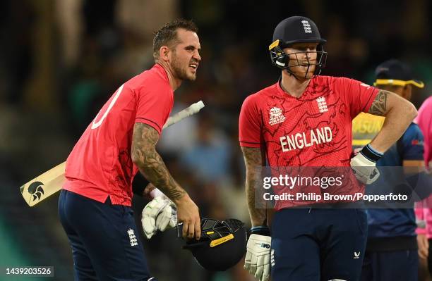 Alex Hales and Ben Stokes of England talk during the ICC Men's T20 World Cup match between England and Sri Lanka at Sydney Cricket Ground on November...