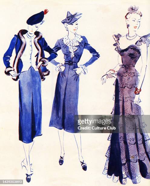 French fashion, day and evening dress from Coco Chanel 's 1938 autumn collection: ' Ensemble de jersey côtelé', 'Robe de jersey violet', and...