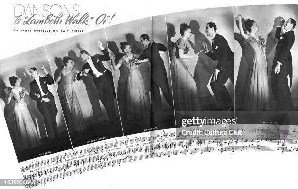 Short article and photographs showing a couple dancing to the popular song, the 'Lambeth Walk', made famous by the 1937 musical 'Me and My Girl'....