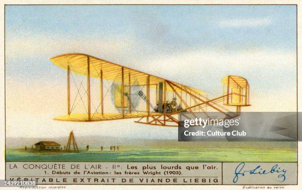 Wright flyer, Wright brothers' airplane, beginnings of aviation. Air travel. Liebig collectors' card 1935 Liebig S1314 / F1312