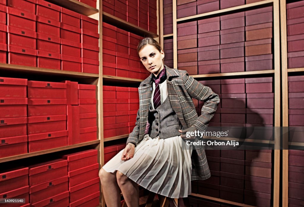 Woman with dandy style in a shoe store