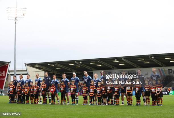 Sale Sharks players take part in a minutes silence for Remembrance Sunday during the Gallagher Premiership Rugby match between Sale Sharks and...