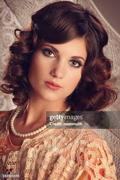 retro portrait with umbrella - vintage lace stock pictures, royalty-free photos & images
