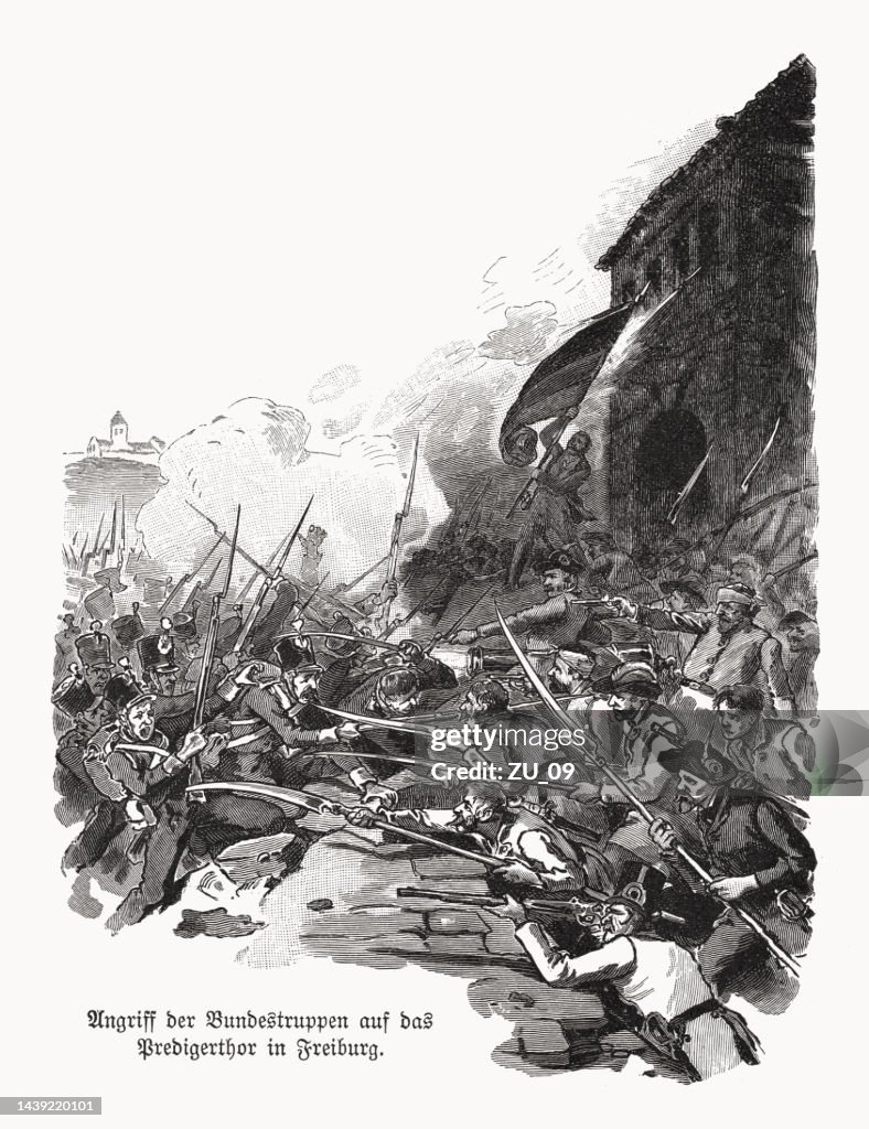 Federal troops attack on the Predigertor in Freiburg, Germany (1848)