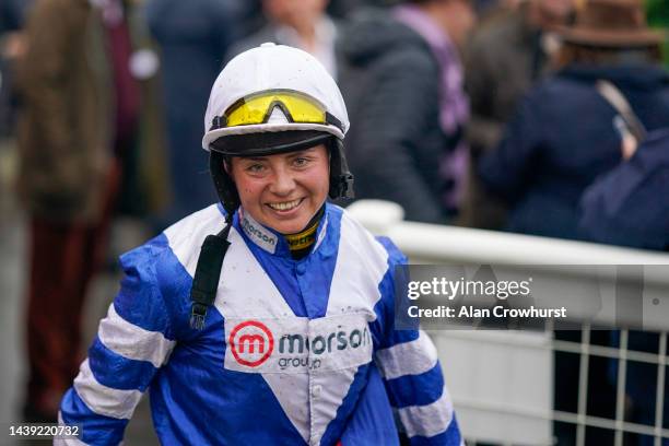 Bryony Frost makes her way back to the weighing room after riding Frodon to win The 61st Badger Beer Handicap Chase at Wincanton Racecourse on...